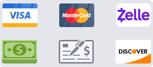Payment icons representing Visa, MasterCard, Zelle, cash, check, and Discover